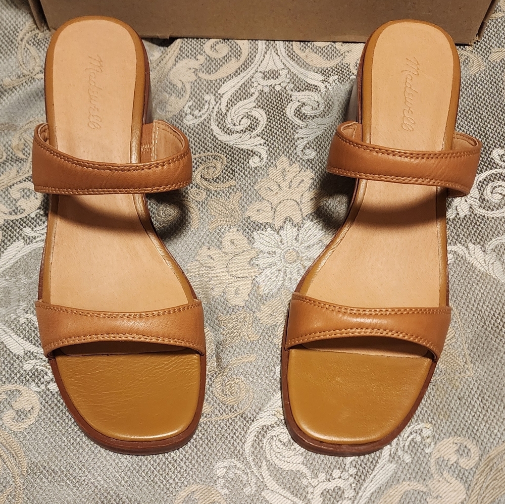 Madewell Saige Tan Brown Leather Block Heel Slide Sandals Women's Size 12 NIB - Picture 3 of 16